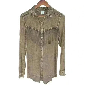 Nostalgia Brown Fringed Long Sleeve Button Down